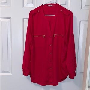 Calvin Klein Pink Button Down Blouse Roll Tab Sleeves Size XL